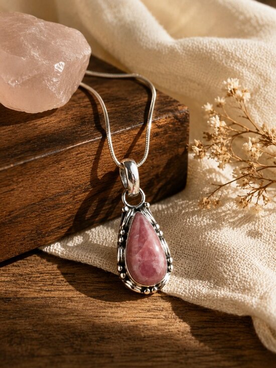 Jewelry - Vintage Sterling Silver Rhodochrosite Teardrop Pendant Necklace 925 Pink